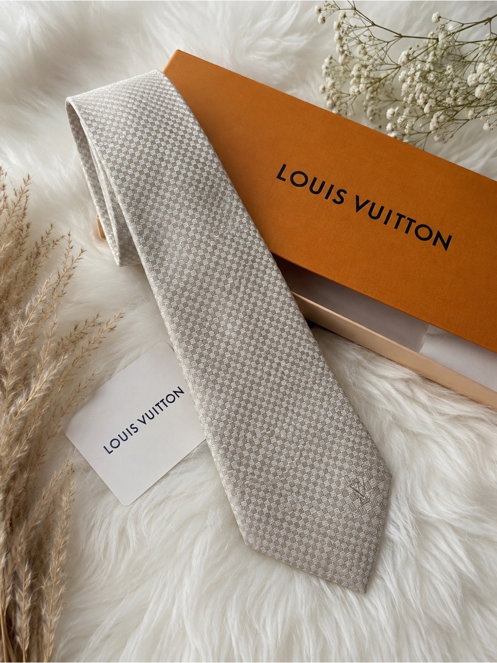 Louis Vuitton 100% Silk Beige Woven LV Logo Tie w/ Box
